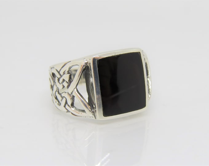 Vintage Sterling Silver Natural Black Onyx Celtic Men's Ring Size 9