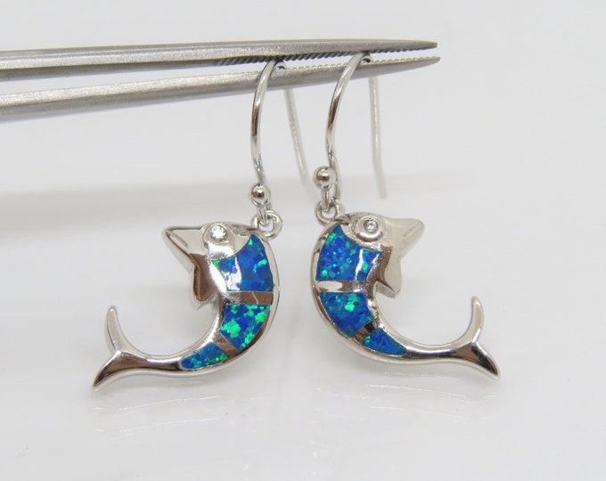 Vintage Sterling Silver Blue Opal Dolphin & White Topaz Dangle Earrings