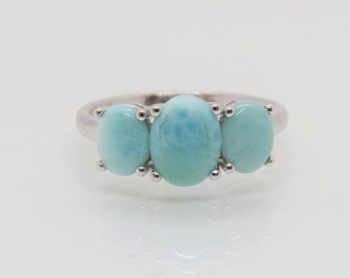 Sterling Silver Natural Larimar Three stone Ring Size 9
