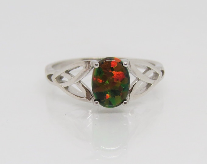 Vintage Celtic Sterling Silver Oval cut Black Opal Ring Size 7