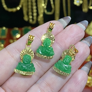 Vintage 18K Solid Yellow Gold Apple Green Jadeite Jade Carved Laughing Buddha Happy Buddha Pendant