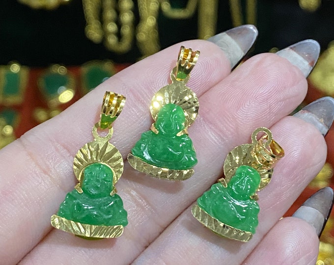 Vintage 18K Solid Yellow Gold Apple Green Jadeite Jade Carved Laughing Buddha Happy Buddha Pendant