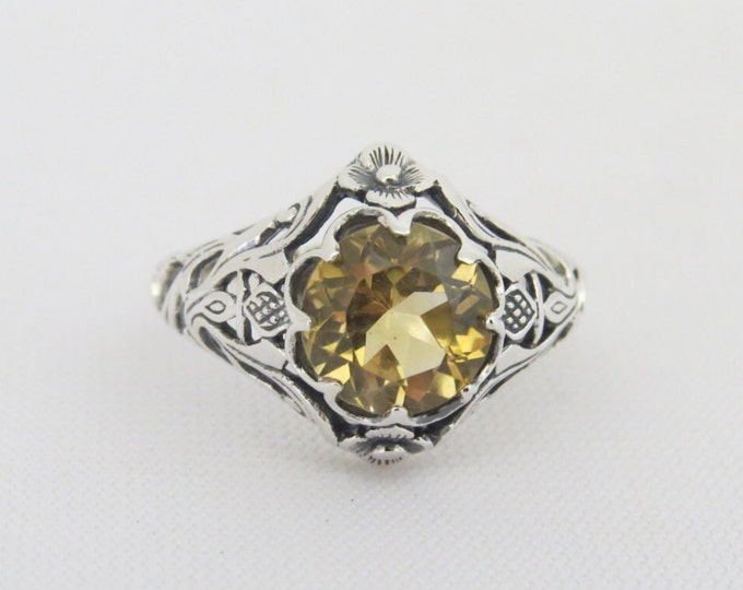 Vintage Sterling Silver Natural Citrine Flower Filigree Ring Size 8