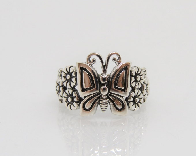 Vintage Sterling Silver Butterfly & Flowers Ring Size 8