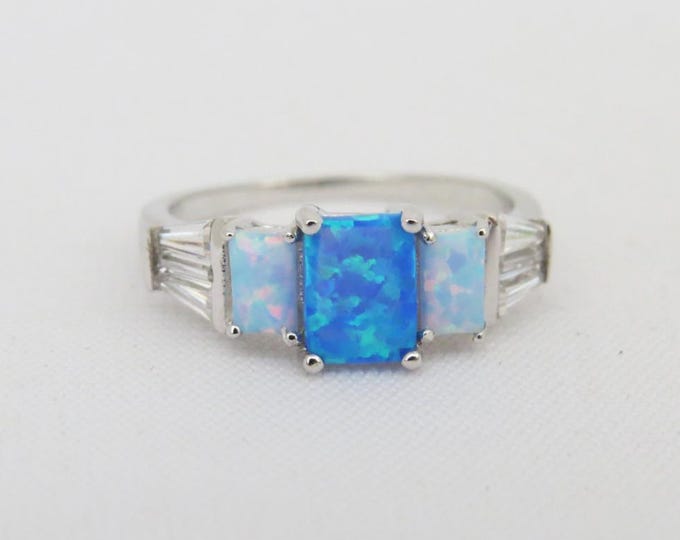 Vintage Sterling Silver Blue White Opal & Baguette White Topaz Ring Size 6