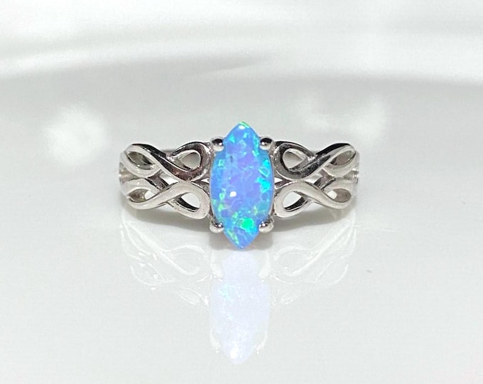 Vintage Celtic Sterling Silver Marquise cut Blue Opal Ring Size 7