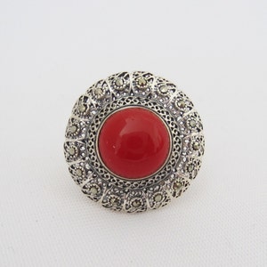 Vintage Sterling Silver Red Coral & Marcasite Filigree Ring Size 6