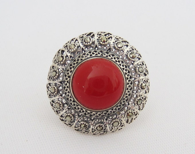 Vintage Sterling Silver Red Coral & Marcasite Filigree Ring Size 6