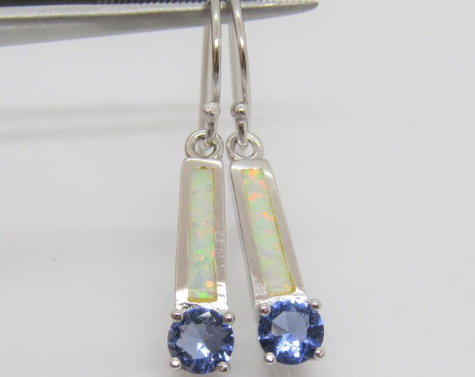 Vintage Sterling Silver Tanzanite & White Opal Dangle Earrings