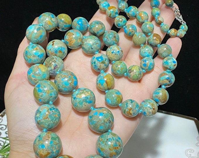 Vintage Sterling Silver .925 Graduated Round Natural Turquoise Bead Necklace 32''