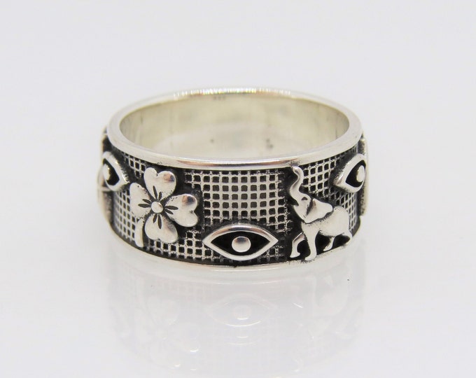 Vintage Sterling Silver  Eye, Owl, Elephant Lucky Band Ring Size 7.5