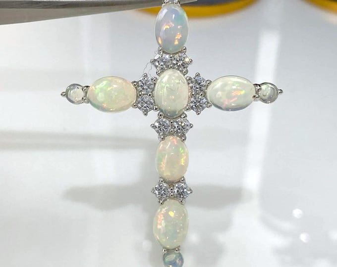 Vintage Sterling Silver Natural Opal & White Topaz Cross Pendant.