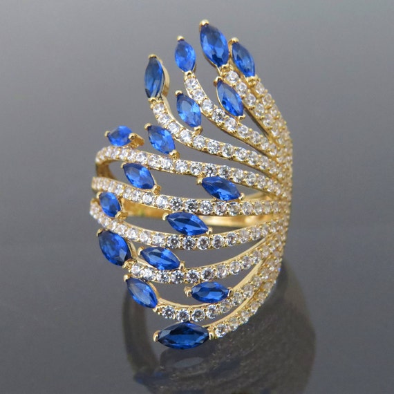 Vintage 18K Solid Yellow Gold Blue Sapphire & Whi… - image 1