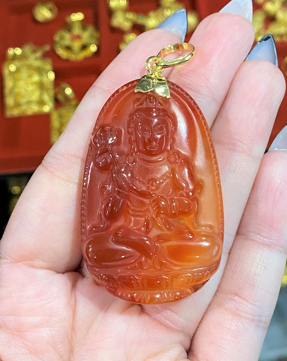 Vintage 18K Solid Gold Red Carnelian Buddha Penda… - image 1