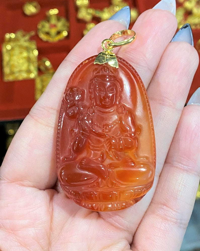 Vintage 18K Solid Gold Red Carnelian Buddha Pendant. image 1