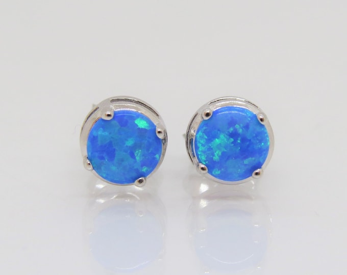Vintage Sterling Silver Round Blue Opal Stud Earrings