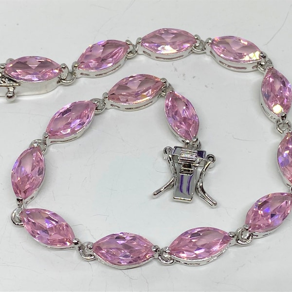 Vintage Sterling Silver Marquise cut Pink Sapphire Link Bracelet 7''