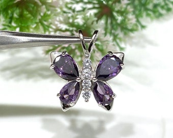 Vintage Sterling Silver Amethyst & White Topaz Butterfly Pendant.