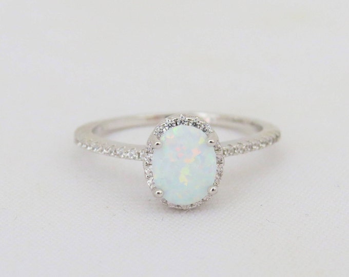 Vintage Sterling Silver White Opal & White Topaz Engagement Ring Size 8