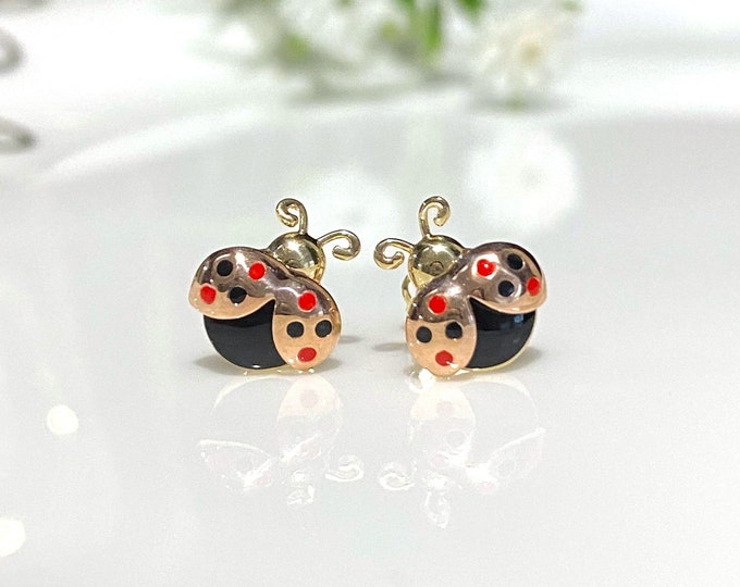 Vintage 14K Solid Yellow Gold Red, Black Enamel Ladybug Stud Earrings