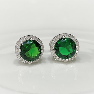 Vintage Sterling Silver Emerald & White Topaz Halo Earrings.