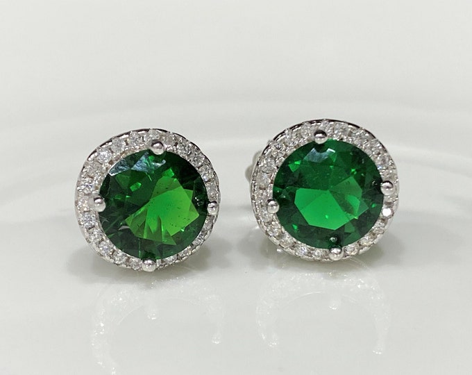 Vintage Sterling Silver Emerald & White Topaz Halo Earrings.