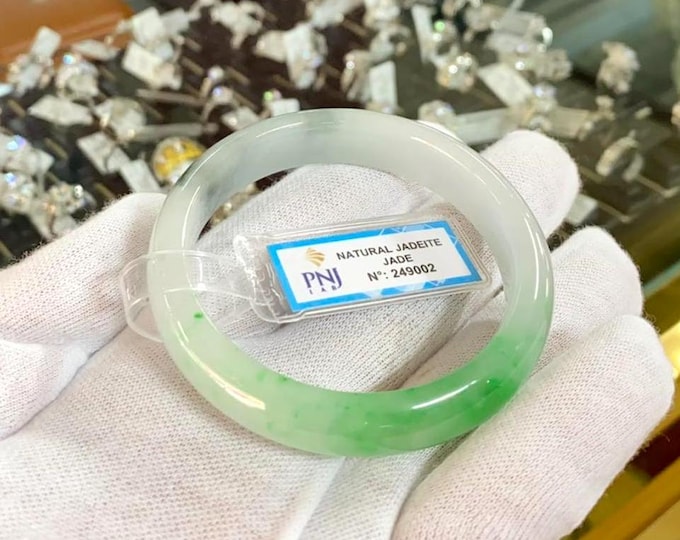 Vintage Translucent Natural Green, White Jadeite Jade Bangle Bracelet 52.5MM