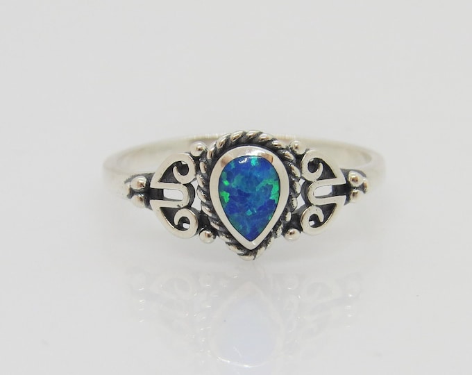 Vintage Sterling Silver Blue Opal Filigree Ring Size 8