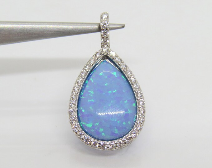 Vintage Sterling Silver Blue Opal & White Topaz Halo Pendant