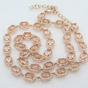 Rose Gold Plated Sterling Silver Morganite & White Topaz Link Chain Vintage Necklace 18&#39;&#39;