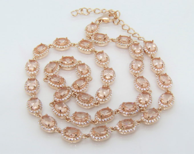 Rose Gold Plated Sterling Silver Morganite & White Topaz Link Chain Vintage Necklace 18''