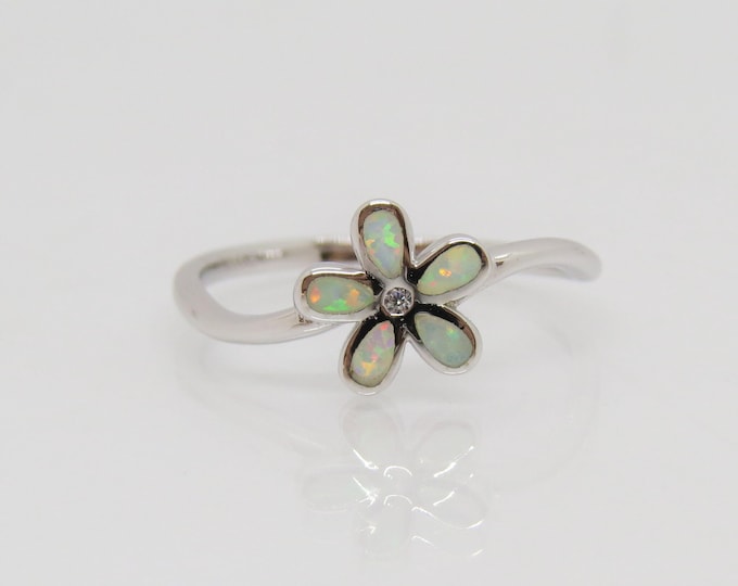 Vintage Sterling Silver Fire Opal & White Topaz Flower Ring Size 7