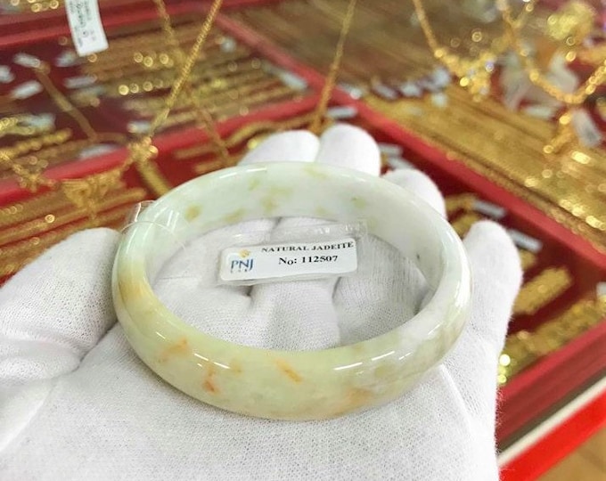 Translucent Natural Honey, White, Orange Jadeite Jade Vintage Bangle Bracelet 57.1MM