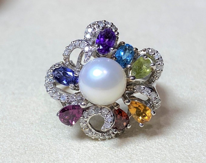 Vintage 10K White Gold 2.05ct Natural White Pearl, Diamond & Multi Color Gemstone Ring Size 7.25