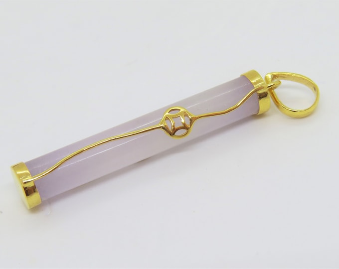 Vintage 18K Solid Yellow Gold Natural Light Purple Lavender Jadeite Jade Bamboo ,Peaceful Pendant