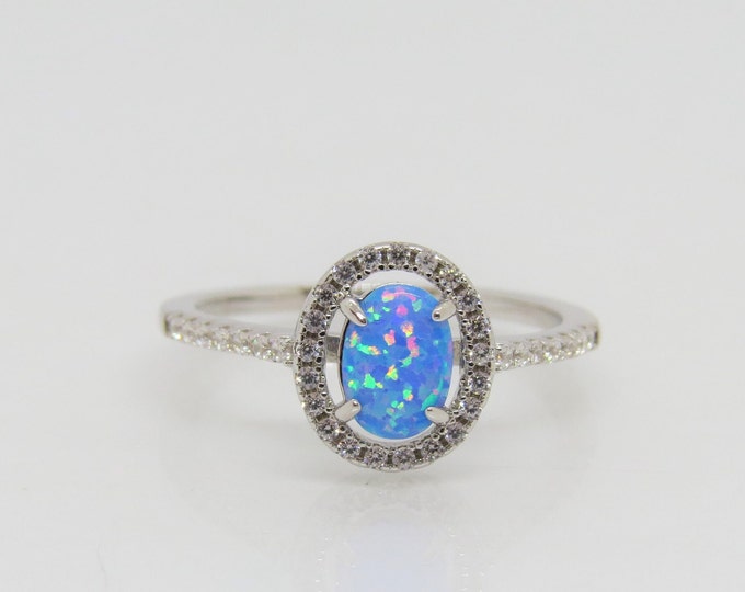 Vintage Sterling Silver Blue Opal & White Topaz Wedding Engagement Ring Size 7