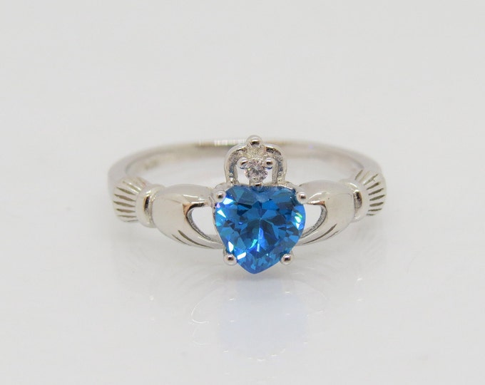 Vintage Claddagh Sterling Silver Blue Topaz & White Topaz Ring Size 7