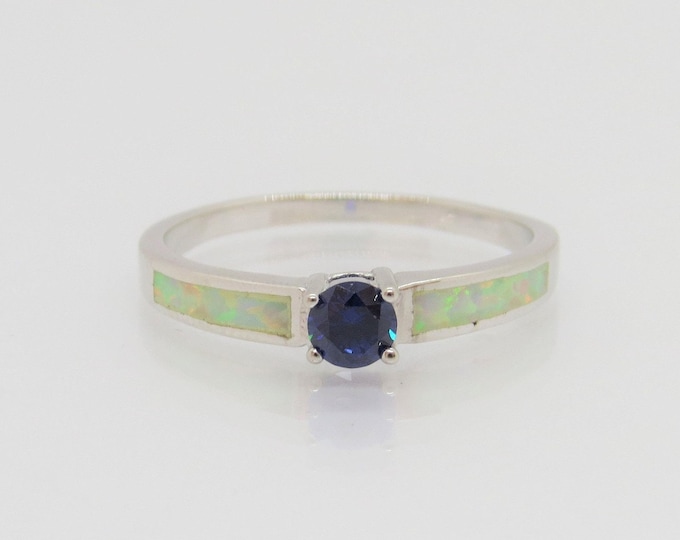 Sterling Silver White Opal & Tanzanite Solitaire Ring Size 9