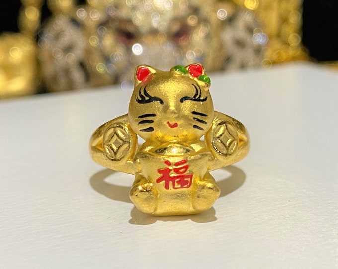 24K 999 Gold 3D Enamel Kitty Cat Vintage Ring Size 7