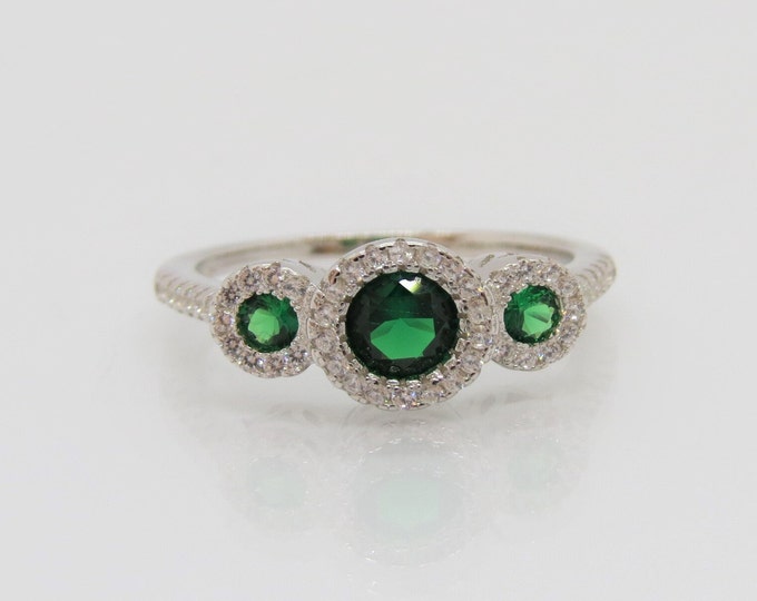 Vintage Sterling Silver Emerald & White Topaz Ring Size 7