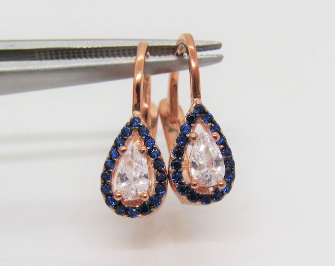 Sterling Silver Rose Gold Plated Pear cut White Topaz & Blue Sapphire Earrings