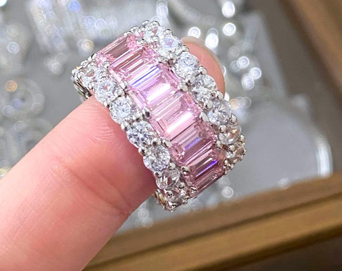 Vintage Sterling Silver Pink Sapphire & White Topaz Band Ring Size 6