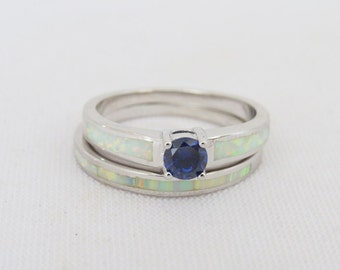 Vintage Sterling Silver Tanzanite & Inlay White Opal Ring Set Size 9