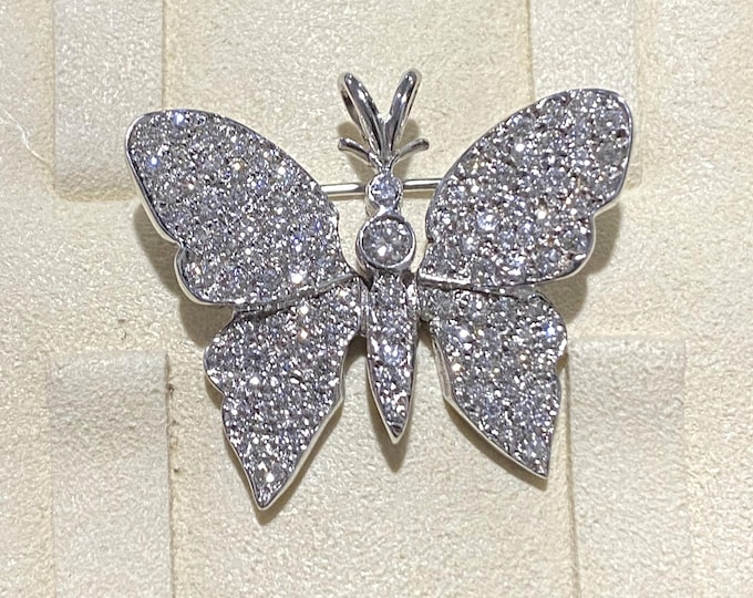 Vintage 18k Solid White Gold 1.82ct Diamond Butterfly Pendant Brooch.