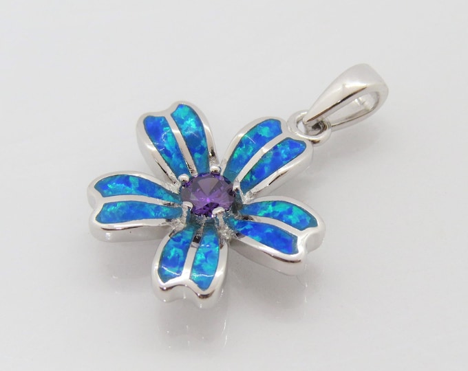 Vintage Sterling Silver Blue Opal & Amethyst Flower Pendant