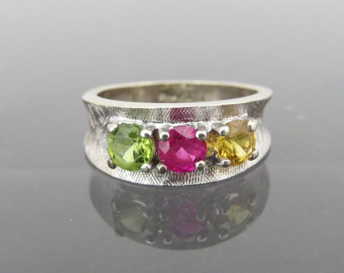 Vintage 10K Solid White Gold Peridot, Ruby & Citrine Band Ring Size 4