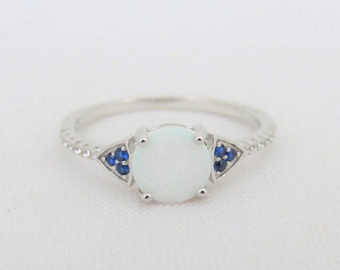 Vintage Sterling Silver White Opal, Blue Sapphire & White Topaz Ring Size 10