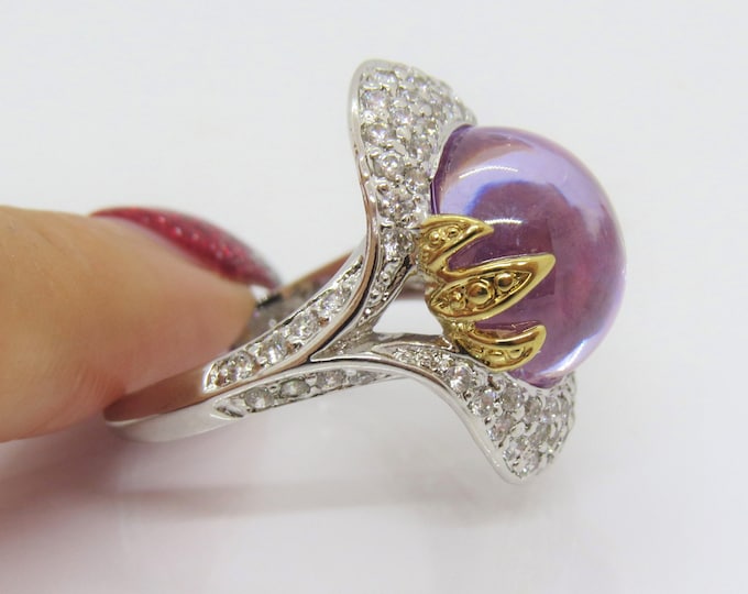 Vintage Sterling Silver Light Purple Amethyst & White Topaz Claw Ring Size 9