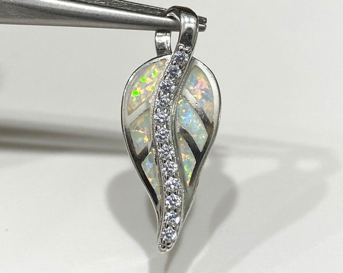 Vintage Sterling Silver White Opal & White Topaz Leaf Pendant.