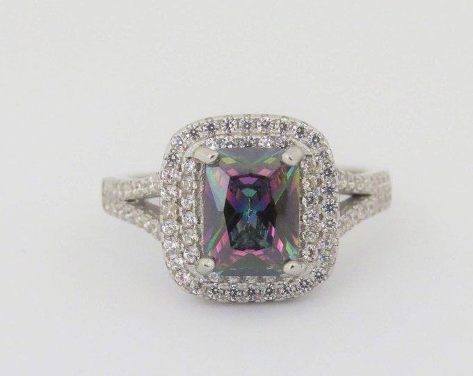 Vintage Sterling Silver Mystic Topaz & White Topaz Pave Ring Size 9